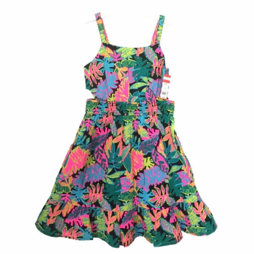 1. Girls Sundress - Tropical Foliage Print Dress - Black w Bright Colors